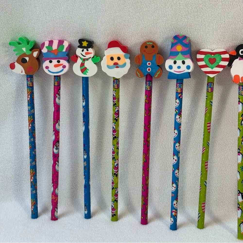 Rare Vintage New Lot of 13 Lisa Frank Holiday Pencils with fun eraser toppers